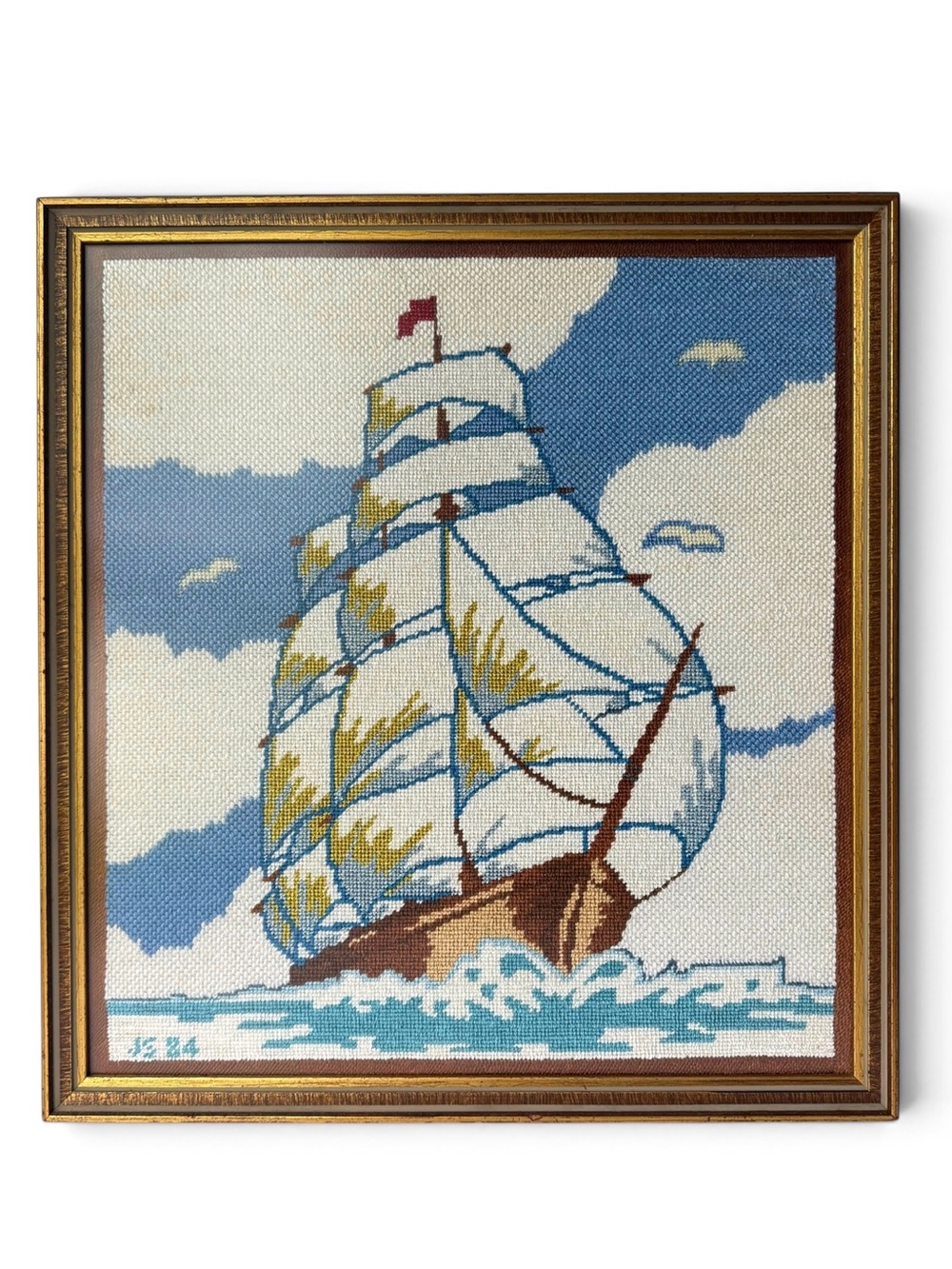 Vintage Nautical Clipper Tall Ship Sailing Schooner Framed Needlepoint Wall Art